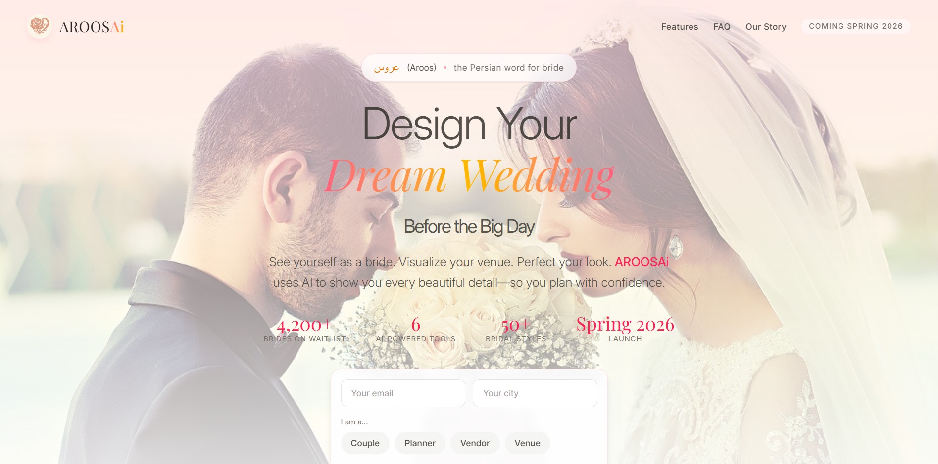 AroosAI AI bridal studio showing wedding day look preview